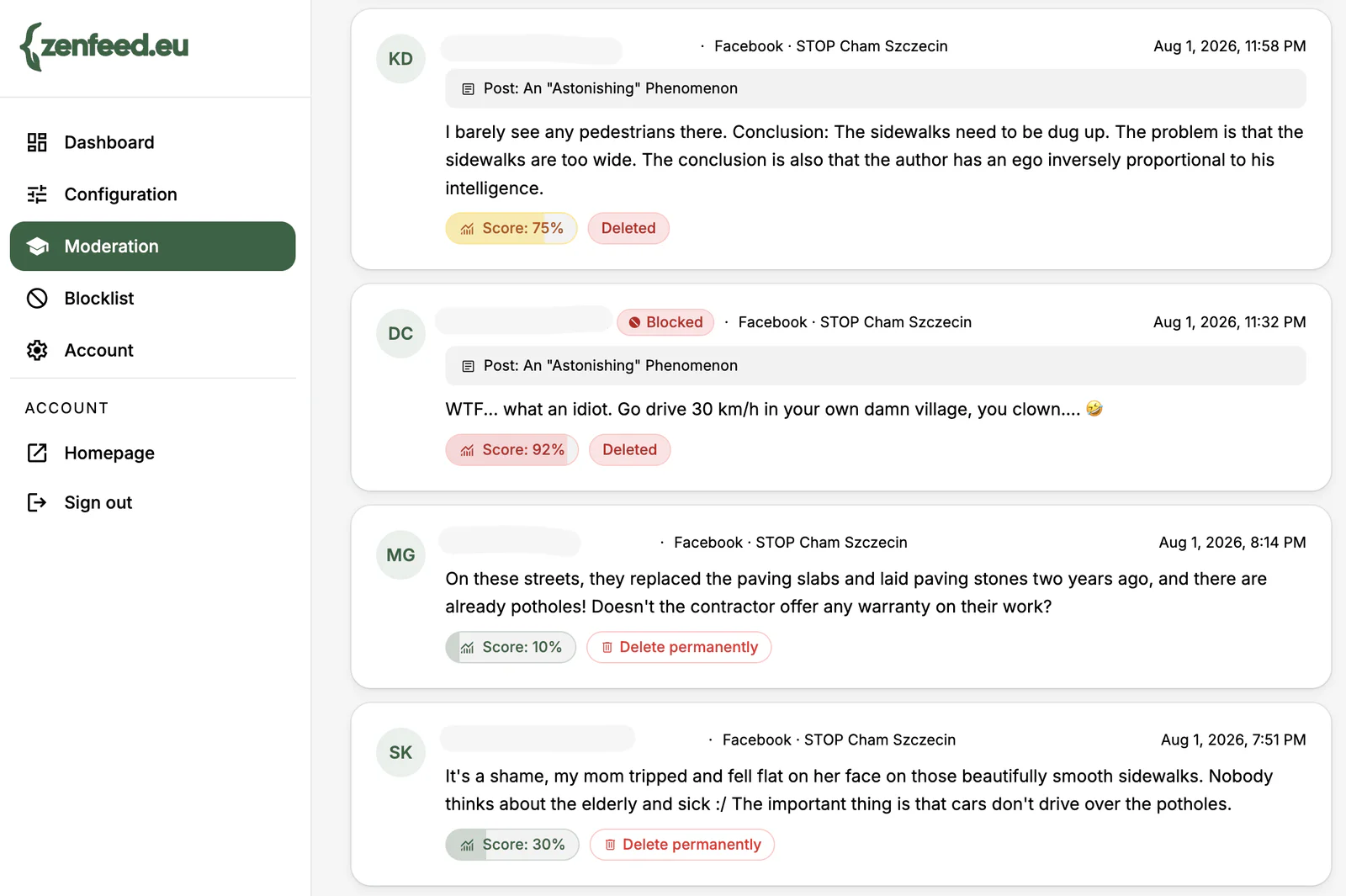 ZenFeed Moderation panel showing four Facebook comments with their toxicity score and the action taken