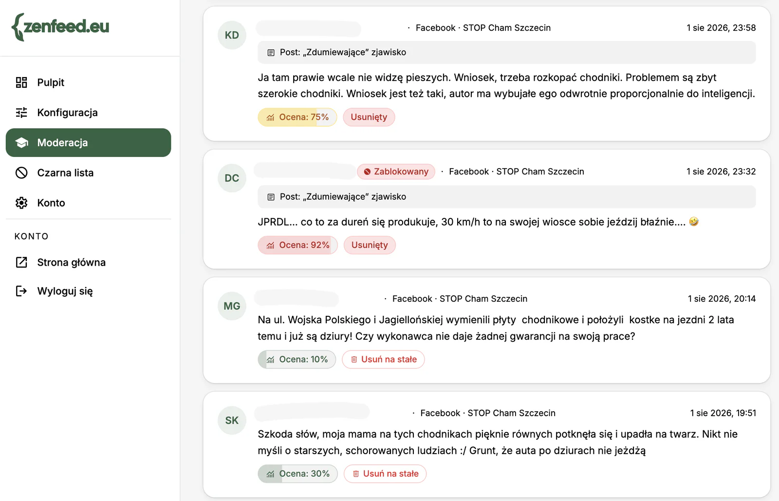 Panel Moderacja w ZenFeed pokazujący cztery komentarze z Facebooka wraz z wynikiem toksyczności i podjętą decyzją